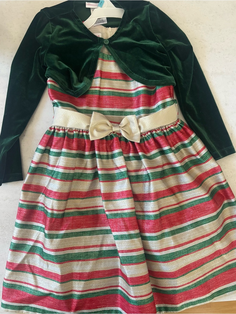 Velvet Bolero & Striped Holiday Dress with Gold Bow